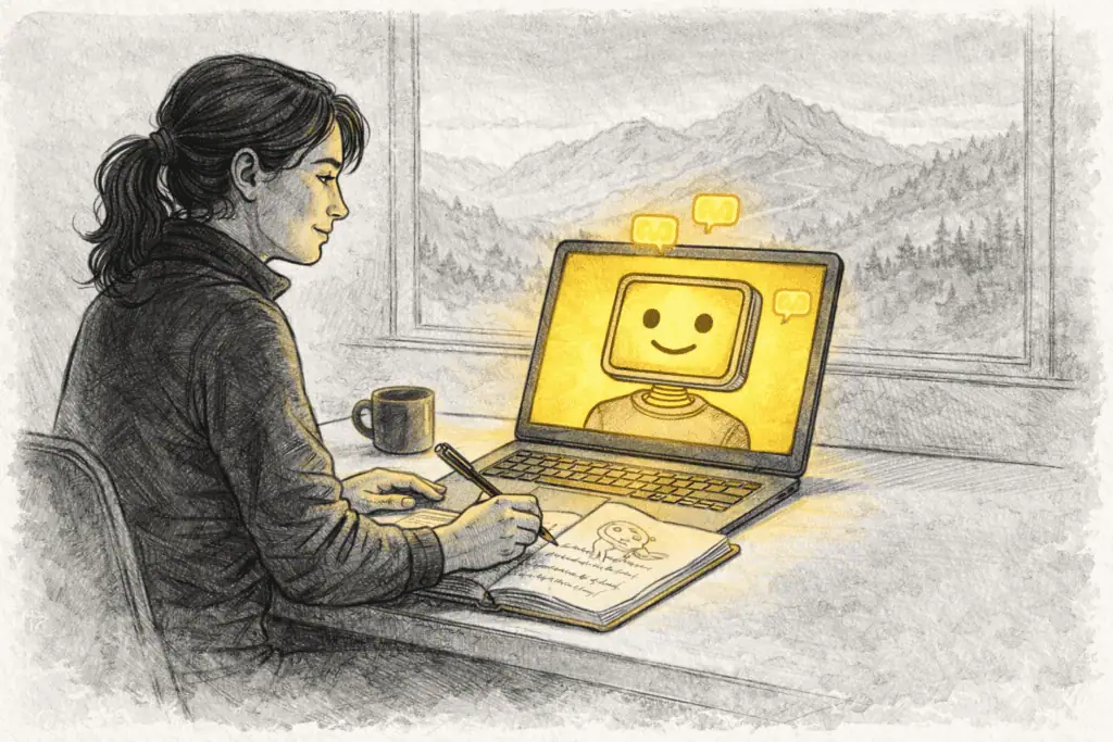 KI Begleitung in der Praxis: Führungskraft arbeitet mit KI-Sparringpartner am Laptop, Notizbuch und Bergpanorama im Hintergrund