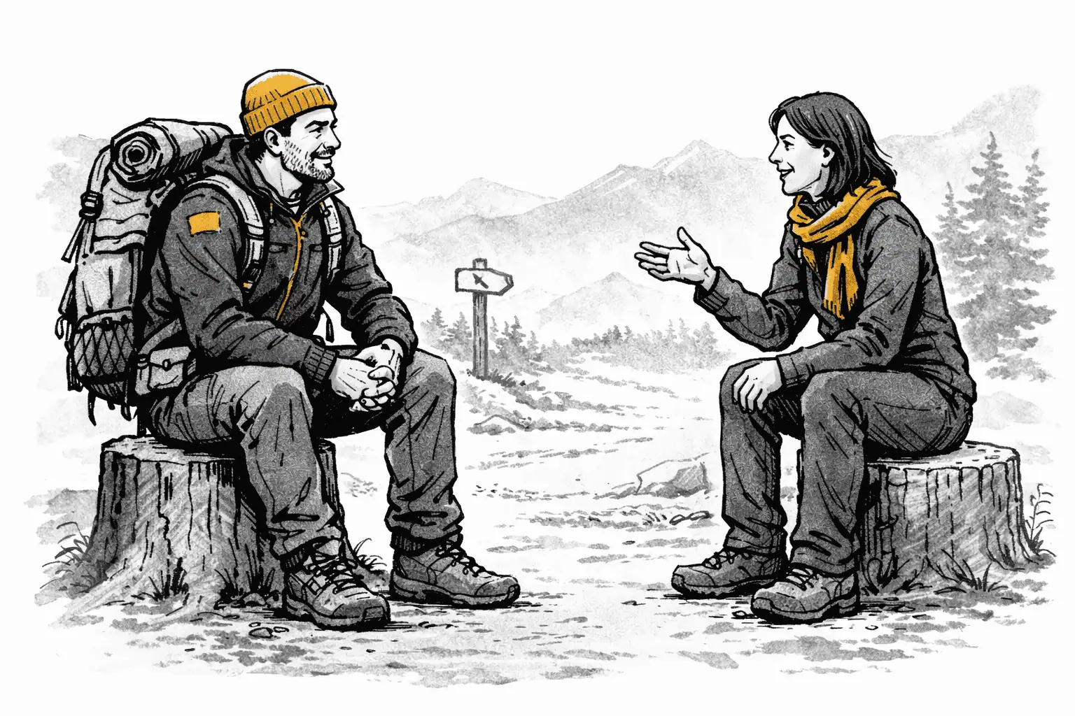 Phase 1: Erstgespräch. Zwei Figuren am Wegweiser im Gebirge.