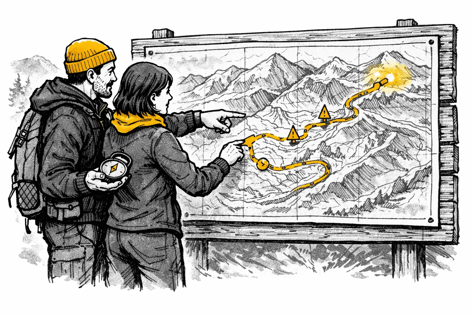 Phase 2: Auftragsklärung. Zwei Figuren planen die Route an einer Karte.