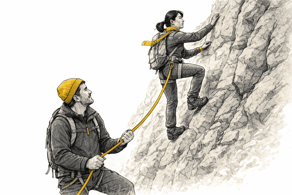 F&uuml;hrungskr&auml;fte Coaching Seilpartner: Illustration zweier Figuren am Berggrat