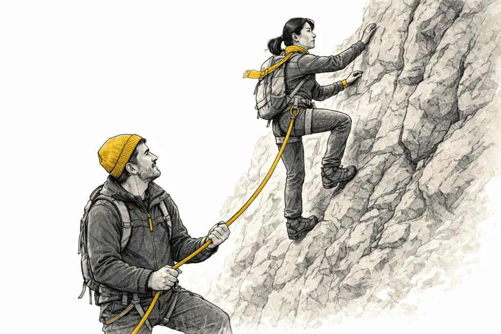 Führungskräfte Coaching Seilpartner: Illustration zweier Figuren am Berggrat